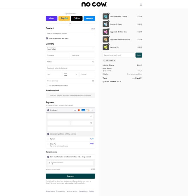 No Cow checkout page showing No Cow discount code box | Screenshot taken by SimplyCodes community member on Sep 5, 2025