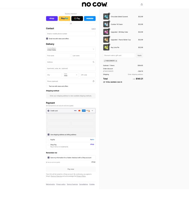 No Cow checkout page showing No Cow discount code box | Screenshot taken by SimplyCodes community member on Sep 5, 2025