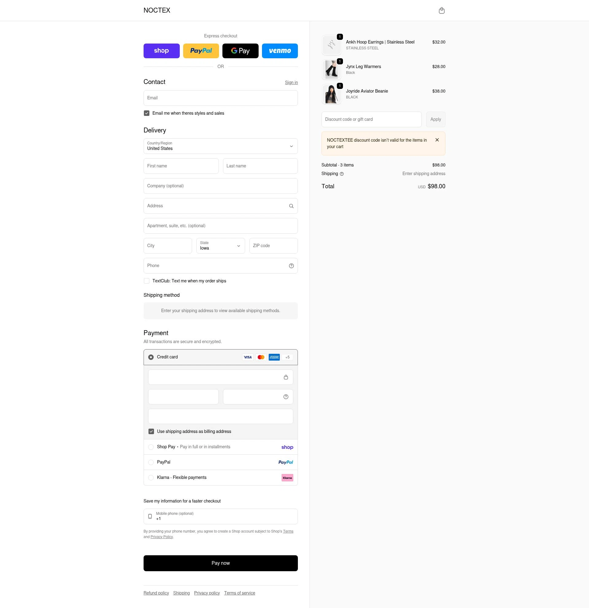 Noctex checkout page showing Noctex discount code box | Screenshot taken by SimplyCodes community member on Feb 4, 2026
