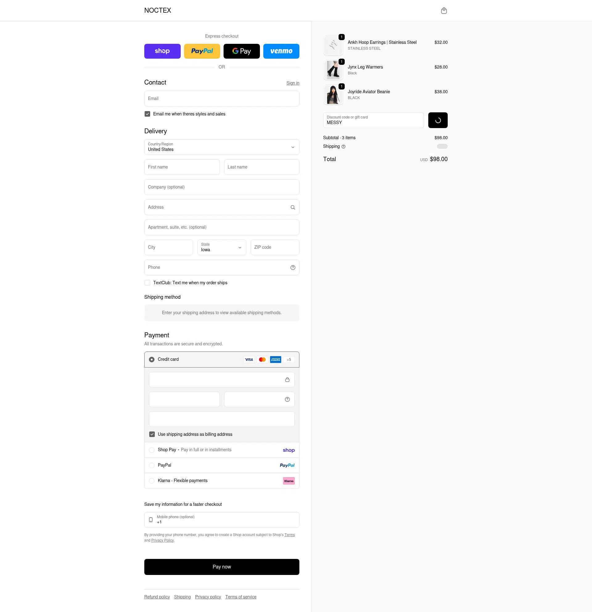 Noctex checkout page showing Noctex discount code box | Screenshot taken by SimplyCodes community member on Feb 4, 2026