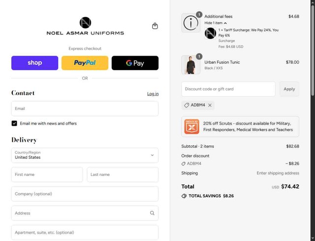 Noel Asmar Uniforms checkout page showing Noel Asmar Uniforms discount code box | Screenshot taken by SimplyCodes community member on Sep 7, 2025