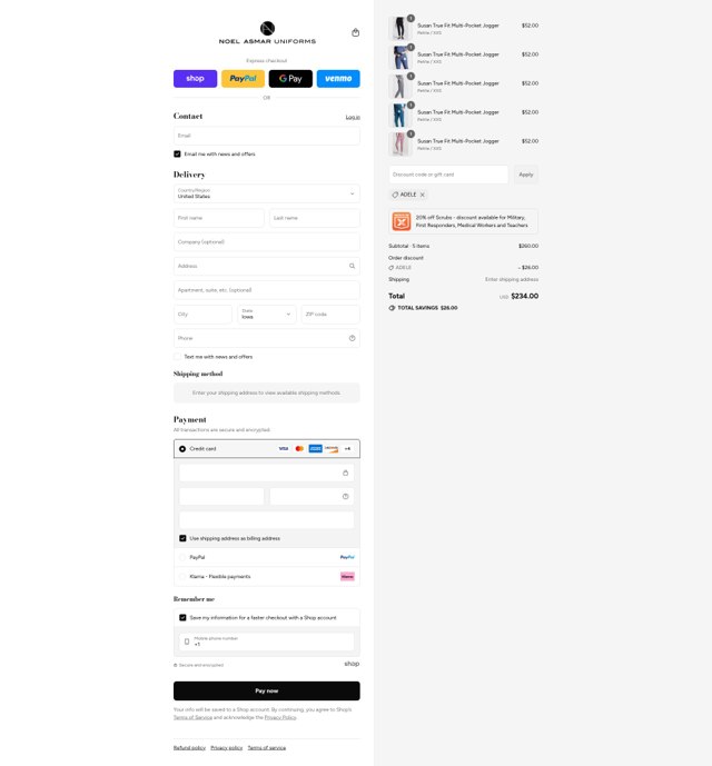 Noel Asmar Uniforms checkout page showing Noel Asmar Uniforms discount code box | Screenshot taken by SimplyCodes community member on Sep 7, 2025