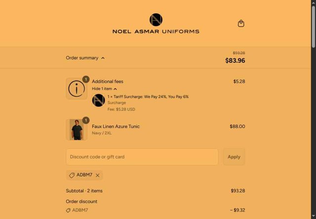 Noel Asmar Uniforms checkout page showing Noel Asmar Uniforms discount code box | Screenshot taken by SimplyCodes community member on Sep 7, 2025
