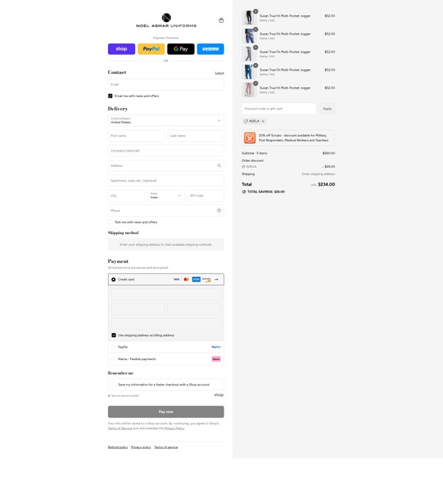 Noel Asmar Uniforms checkout page showing Noel Asmar Uniforms discount code box | Screenshot taken by SimplyCodes community member on Sep 7, 2025