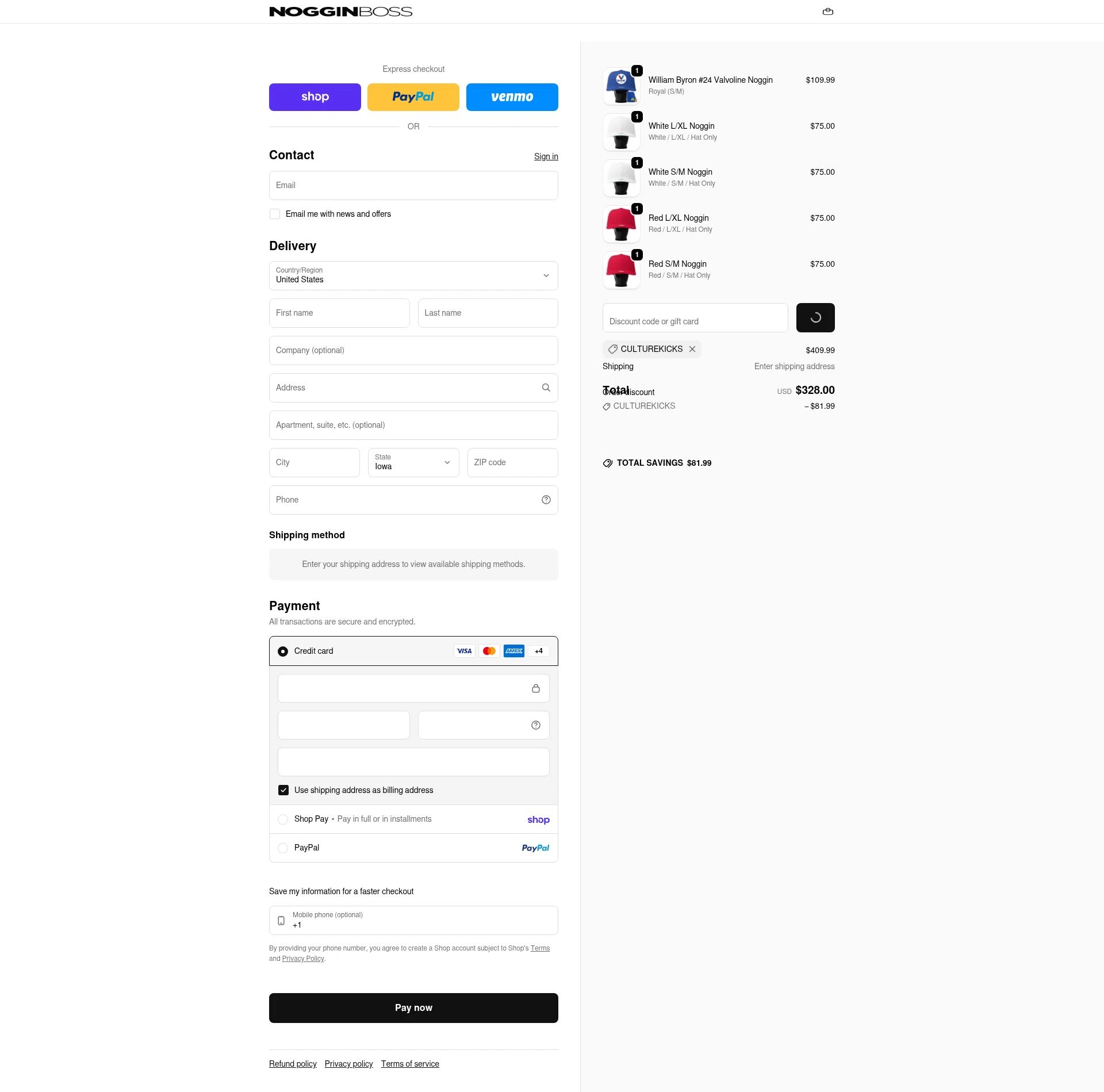 Noggin Boss checkout page showing Noggin Boss discount code box | Screenshot taken by SimplyCodes community member on Feb 22, 2026