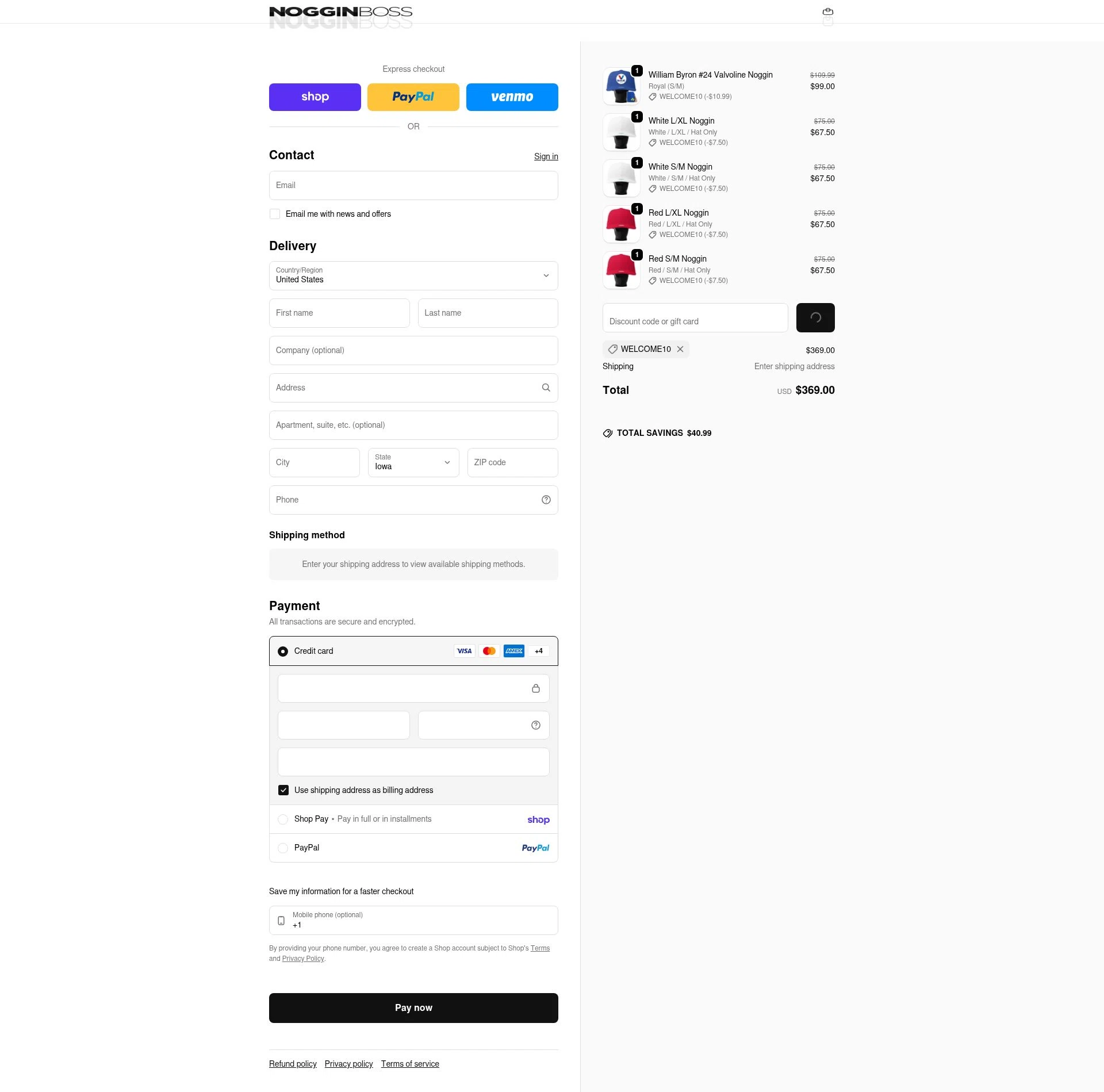 Noggin Boss checkout page showing Noggin Boss discount code box | Screenshot taken by SimplyCodes community member on Feb 17, 2026