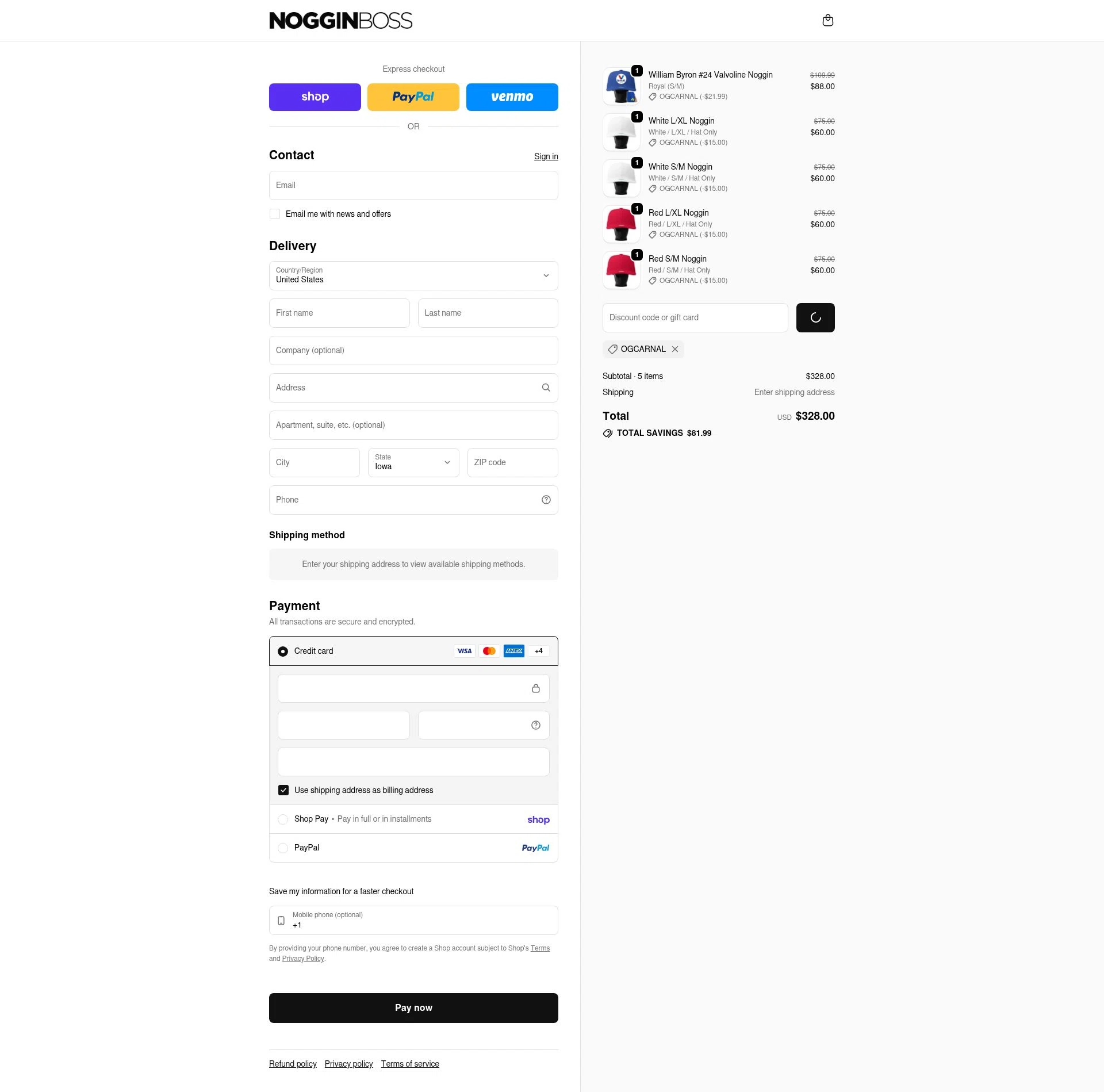 Noggin Boss checkout page showing Noggin Boss discount code box | Screenshot taken by SimplyCodes community member on Feb 22, 2026