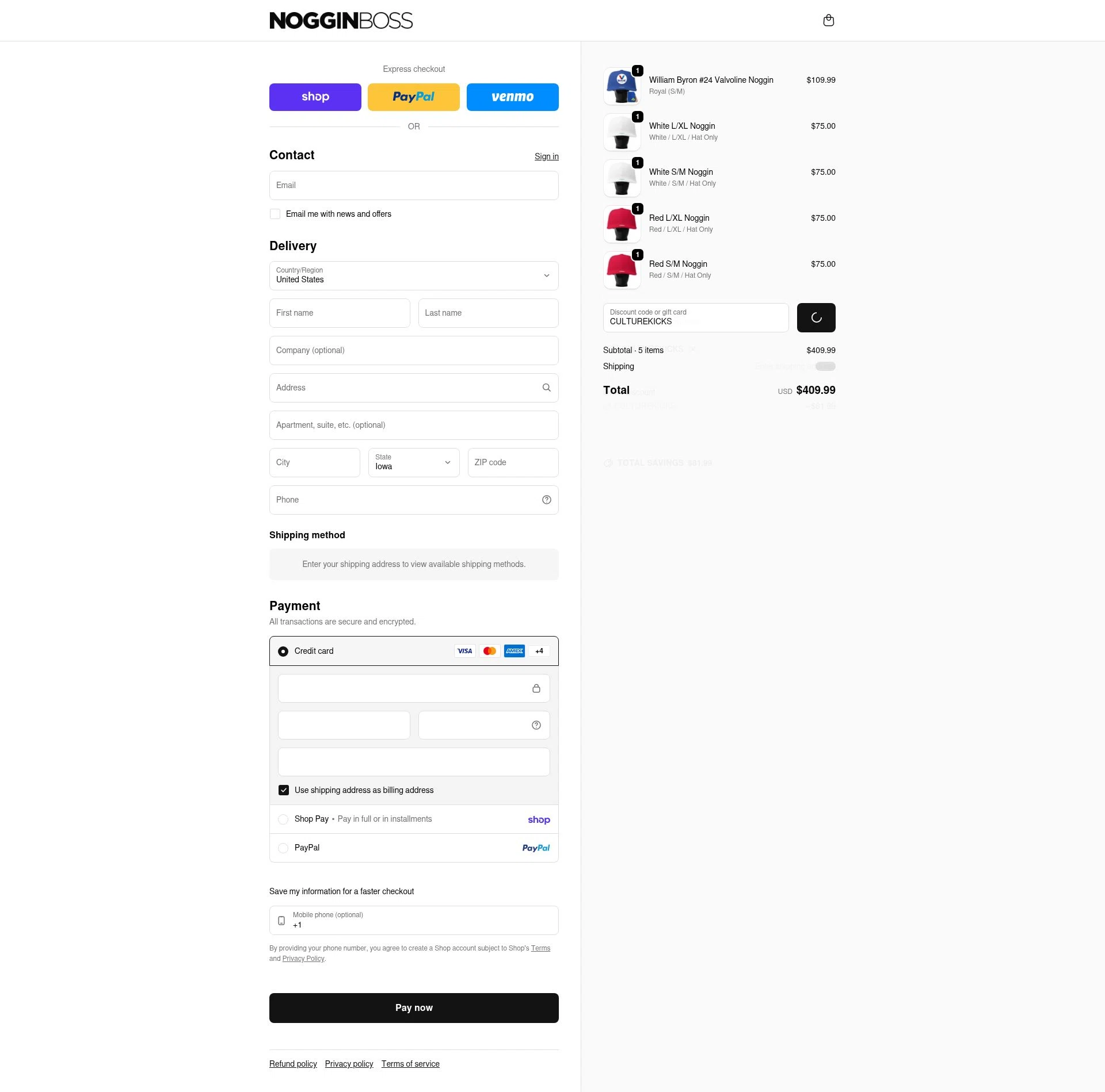 Noggin Boss checkout page showing Noggin Boss discount code box | Screenshot taken by SimplyCodes community member on Feb 17, 2026