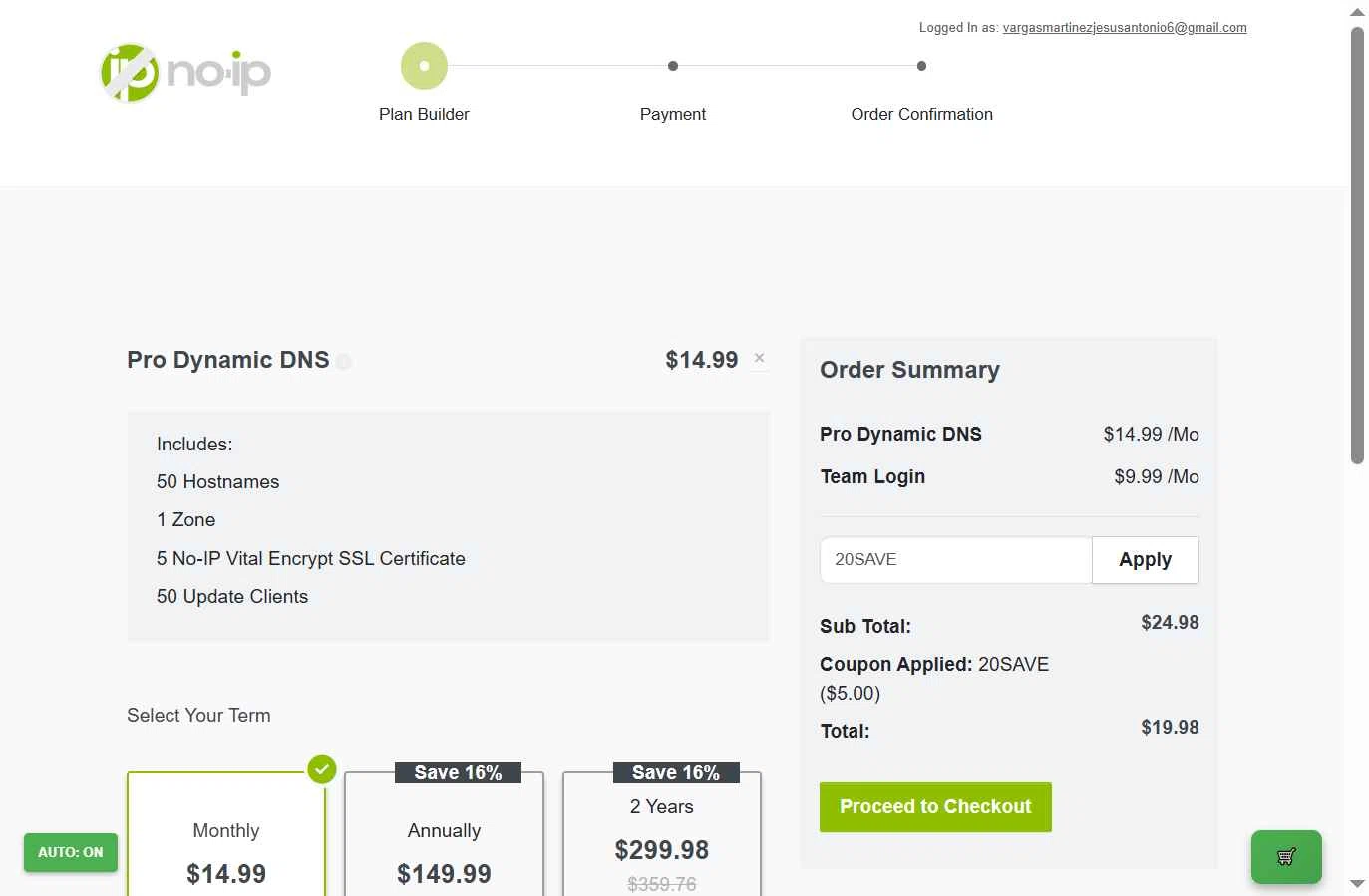 No-IP checkout page showing No-IP coupon code box | Screenshot taken by SimplyCodes community member on Jan 15, 2026