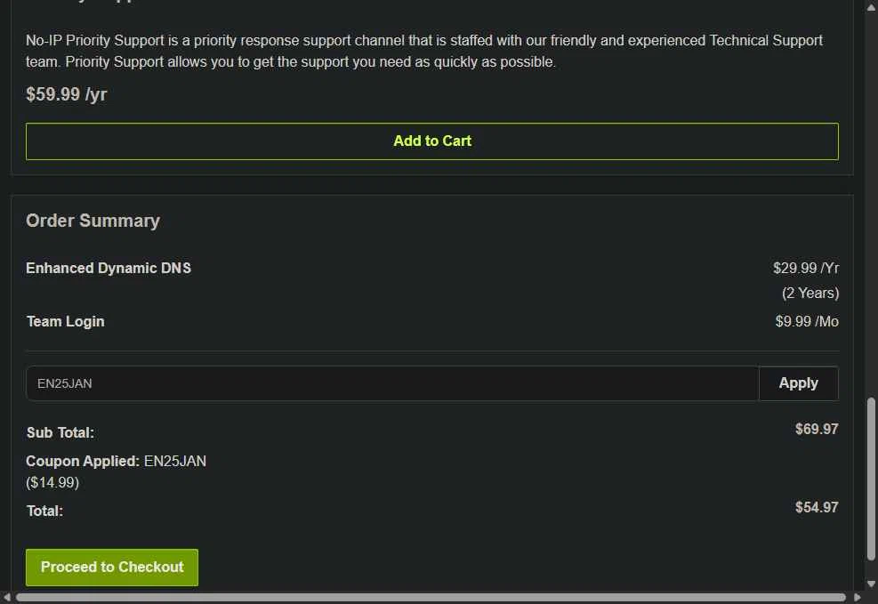 No-IP checkout page showing No-IP coupon code box | Screenshot taken by SimplyCodes community member on Jan 16, 2026
