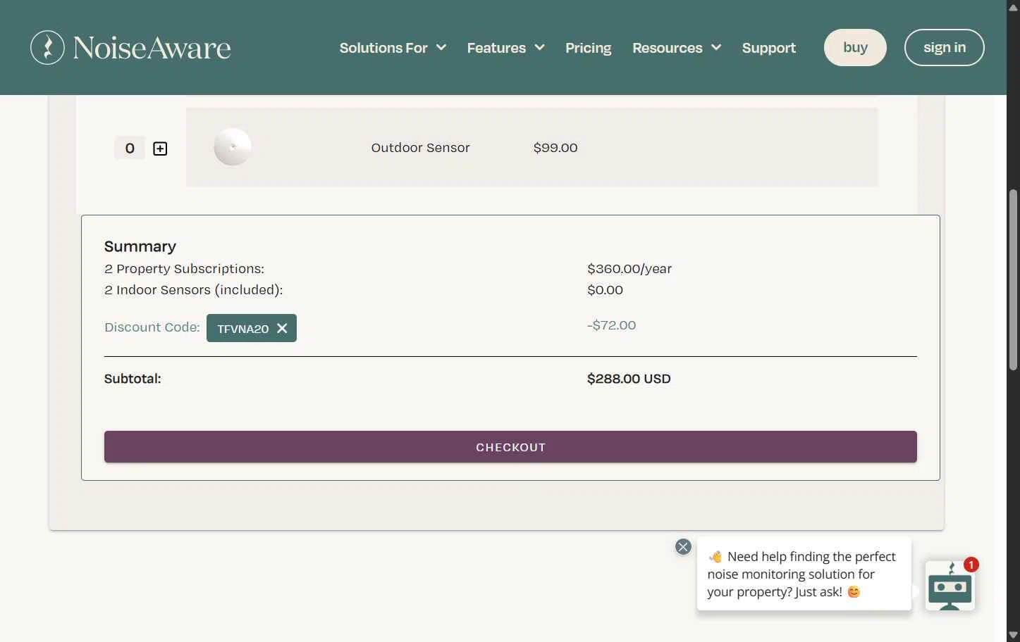 NoiseAware checkout page showing NoiseAware coupon code box | Screenshot taken by SimplyCodes community member on Jul 16, 2025