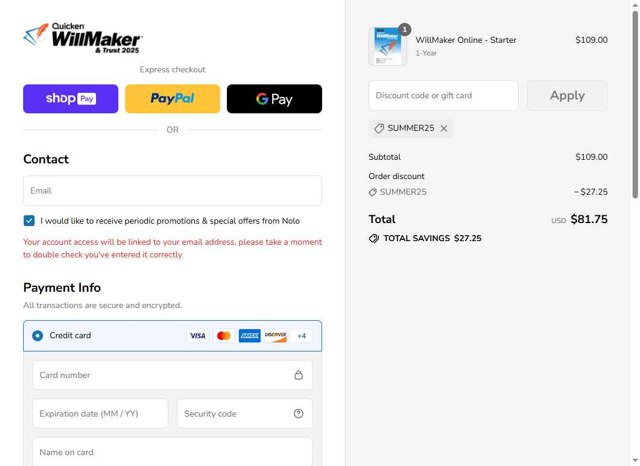 Nolo checkout page showing Nolo discount code box | Screenshot taken by SimplyCodes community member on Jul 31, 2025