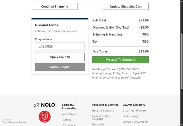 Nolo checkout page showing Nolo discount code box | Screenshot taken by SimplyCodes community member on Sep 2, 2025