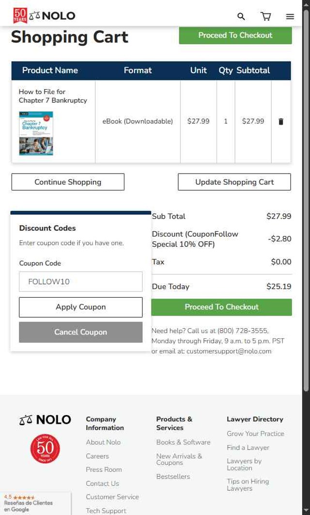 Nolo checkout page showing Nolo discount code box | Screenshot taken by SimplyCodes community member on Jul 25, 2025