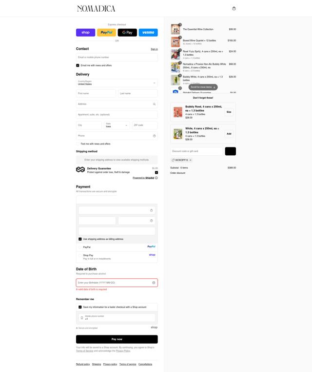 Nomadica Wine checkout page showing Nomadica Wine promo code box | Screenshot taken by SimplyCodes community member on Sep 15, 2025