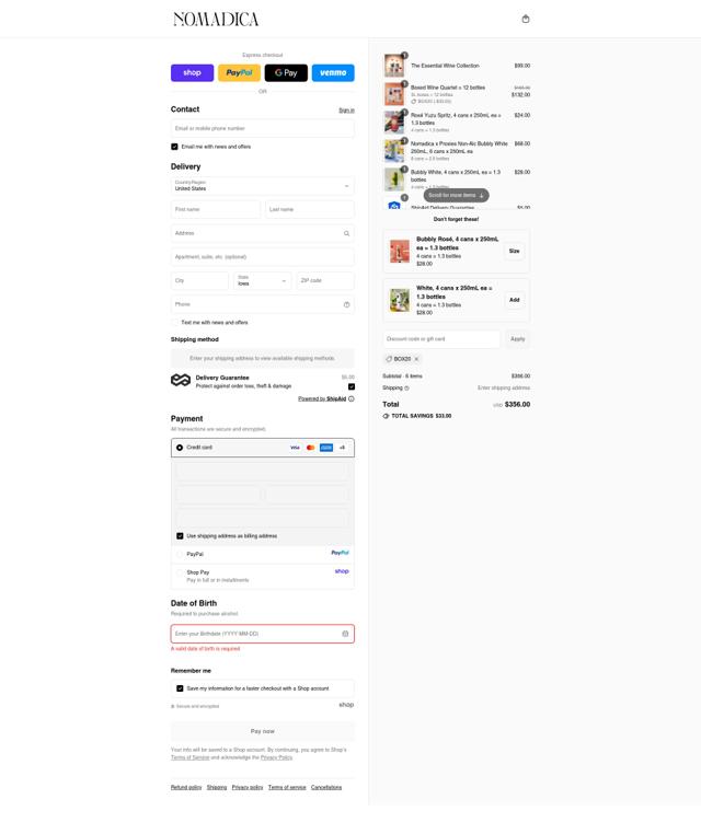 Nomadica Wine checkout page showing Nomadica Wine promo code box | Screenshot taken by SimplyCodes community member on Sep 15, 2025
