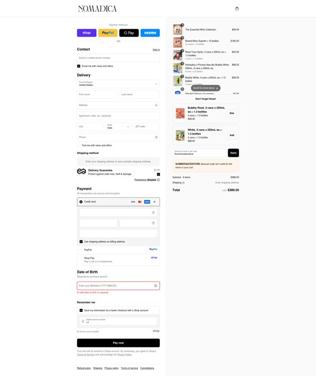 Nomadica Wine checkout page showing Nomadica Wine promo code box | Screenshot taken by SimplyCodes community member on Sep 15, 2025