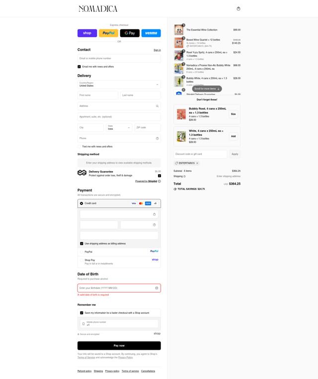 Nomadica Wine checkout page showing Nomadica Wine promo code box | Screenshot taken by SimplyCodes community member on Sep 15, 2025