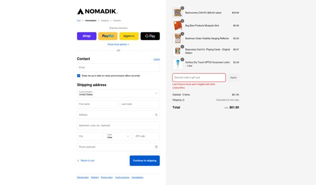 The Nomadik checkout page showing The Nomadik promo code box | Screenshot taken by SimplyCodes community member on Sep 6, 2025