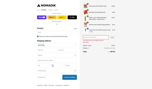 The Nomadik checkout page showing The Nomadik promo code box | Screenshot taken by SimplyCodes community member on Aug 7, 2025