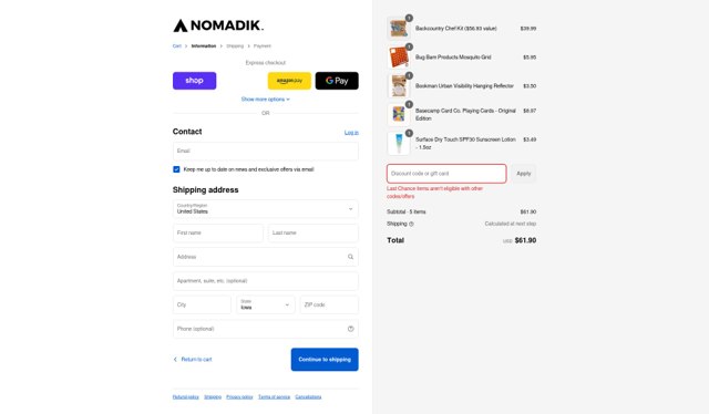 The Nomadik checkout page showing The Nomadik promo code box | Screenshot taken by SimplyCodes community member on Sep 2, 2025