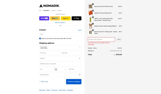 The Nomadik checkout page showing The Nomadik promo code box | Screenshot taken by SimplyCodes community member on Aug 24, 2025