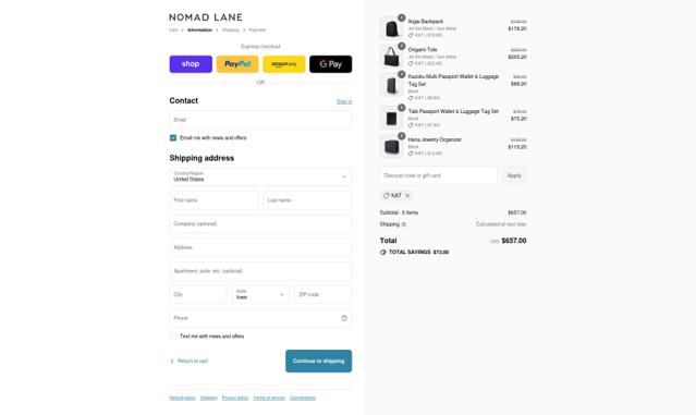 Nomad Lane checkout page showing Nomad Lane discount code box | Screenshot taken by SimplyCodes community member on Sep 12, 2025