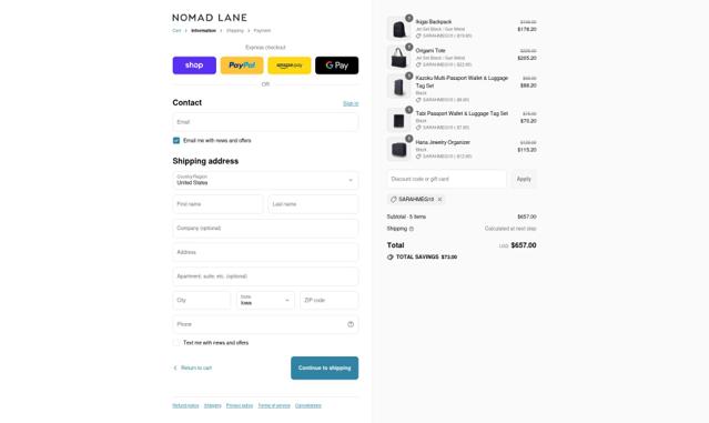 Nomad Lane checkout page showing Nomad Lane discount code box | Screenshot taken by SimplyCodes community member on Sep 12, 2025