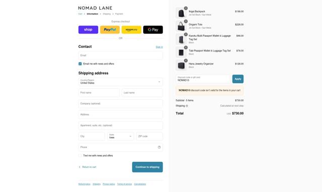 Nomad Lane checkout page showing Nomad Lane discount code box | Screenshot taken by SimplyCodes community member on Sep 12, 2025
