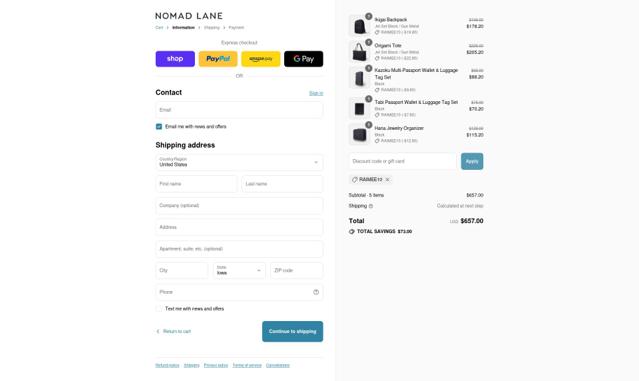Nomad Lane checkout page showing Nomad Lane discount code box | Screenshot taken by SimplyCodes community member on Sep 12, 2025