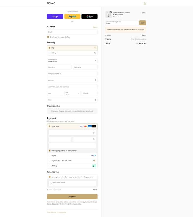 NOMAD checkout page showing NOMAD discount code box | Screenshot taken by SimplyCodes community member on Sep 12, 2025