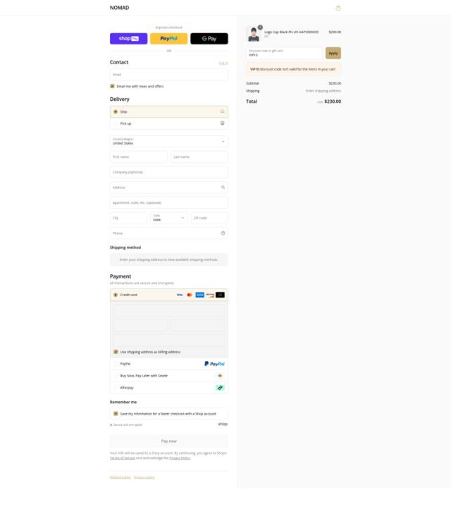 NOMAD checkout page showing NOMAD discount code box | Screenshot taken by SimplyCodes community member on Aug 9, 2025