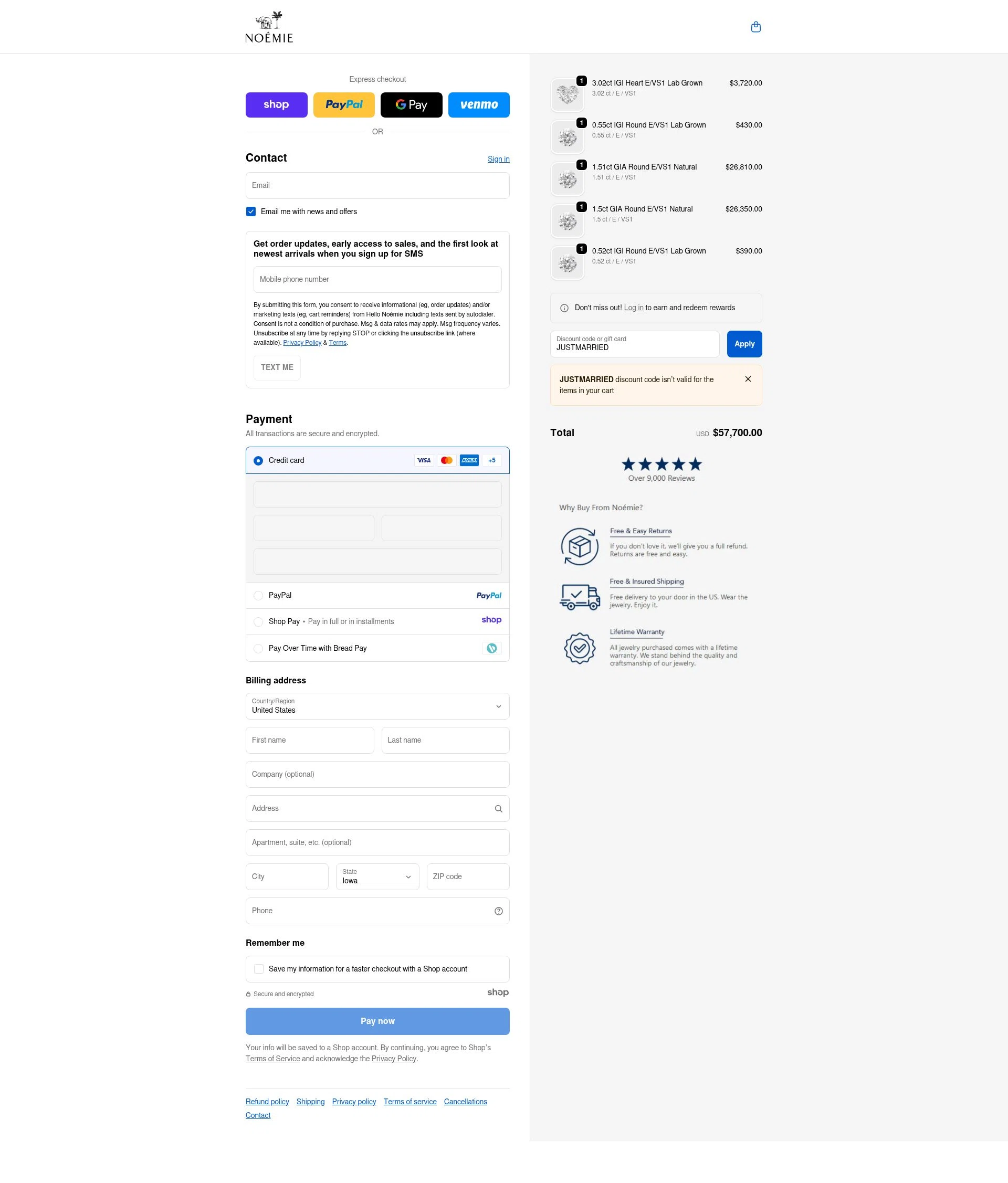 Noémie checkout page showing Noémie promo code box | Screenshot taken by SimplyCodes community member on Nov 28, 2025
