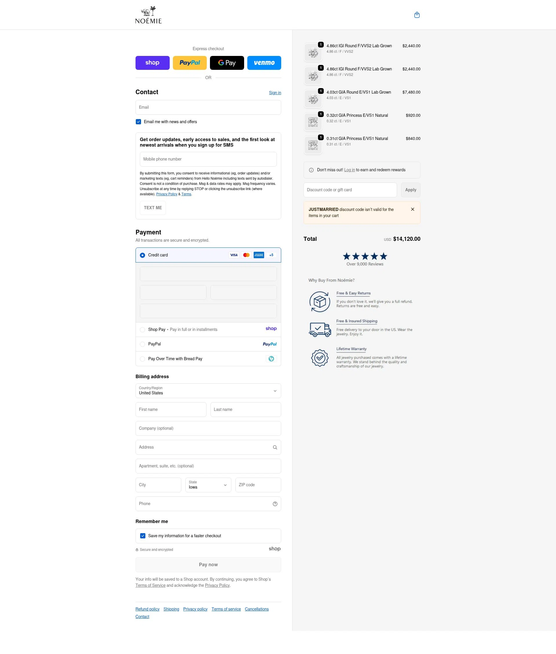 Noémie checkout page showing Noémie promo code box | Screenshot taken by SimplyCodes community member on Jan 1, 2026