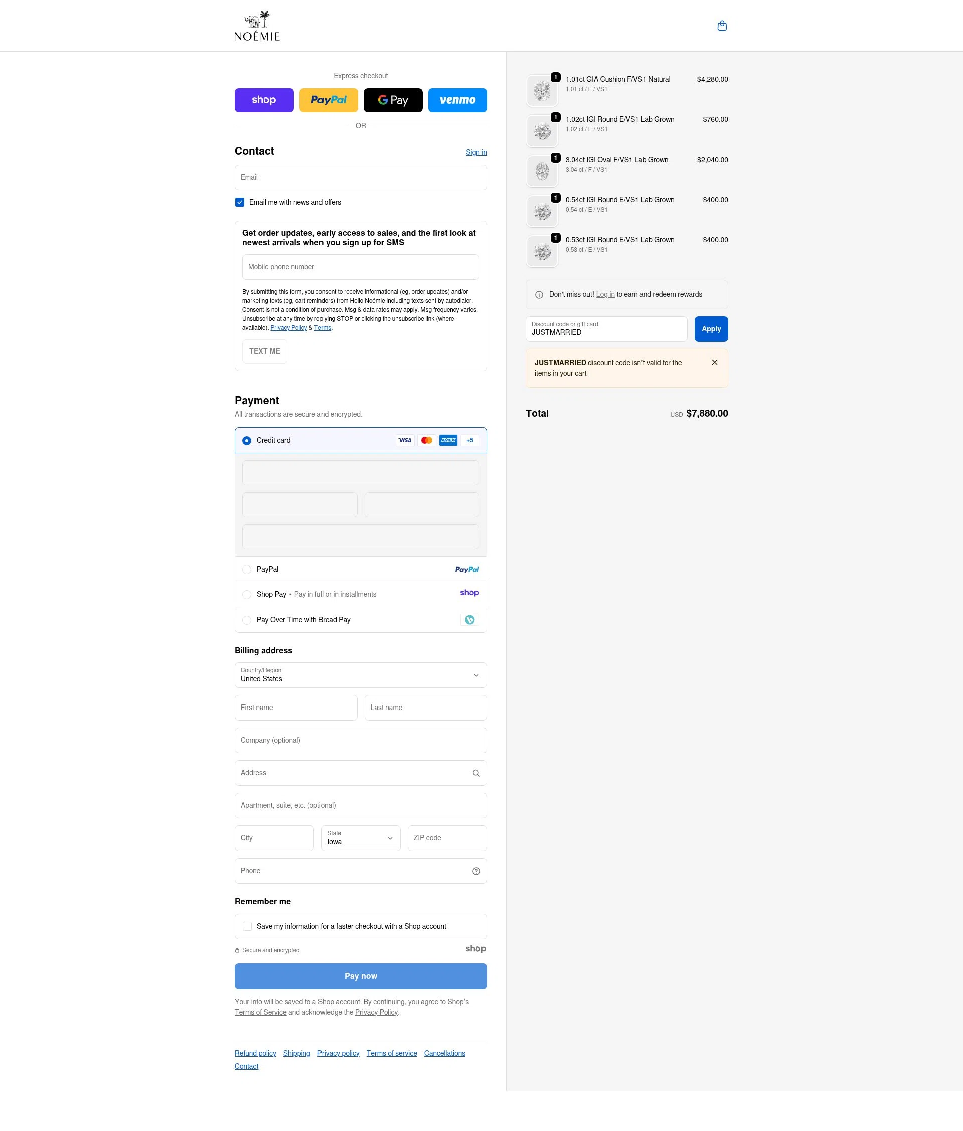 Noémie checkout page showing Noémie promo code box | Screenshot taken by SimplyCodes community member on Dec 9, 2025