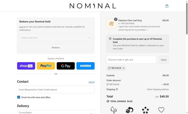 Nominal checkout page showing Nominal discount code box | Screenshot taken by SimplyCodes community member on Aug 15, 2025
