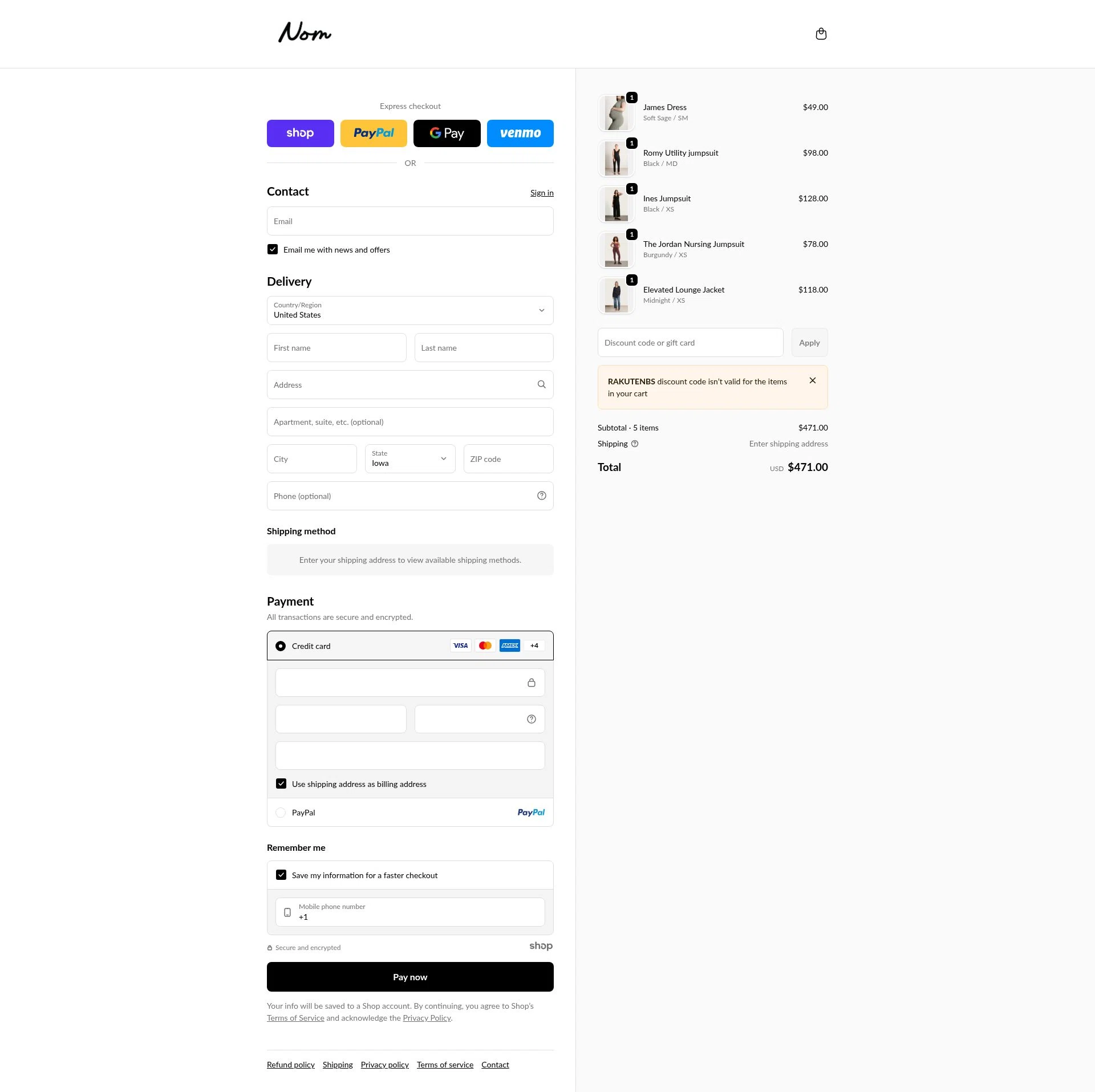 NOM Maternity checkout page showing NOM Maternity coupon code box | Screenshot taken by SimplyCodes community member on Dec 31, 2025