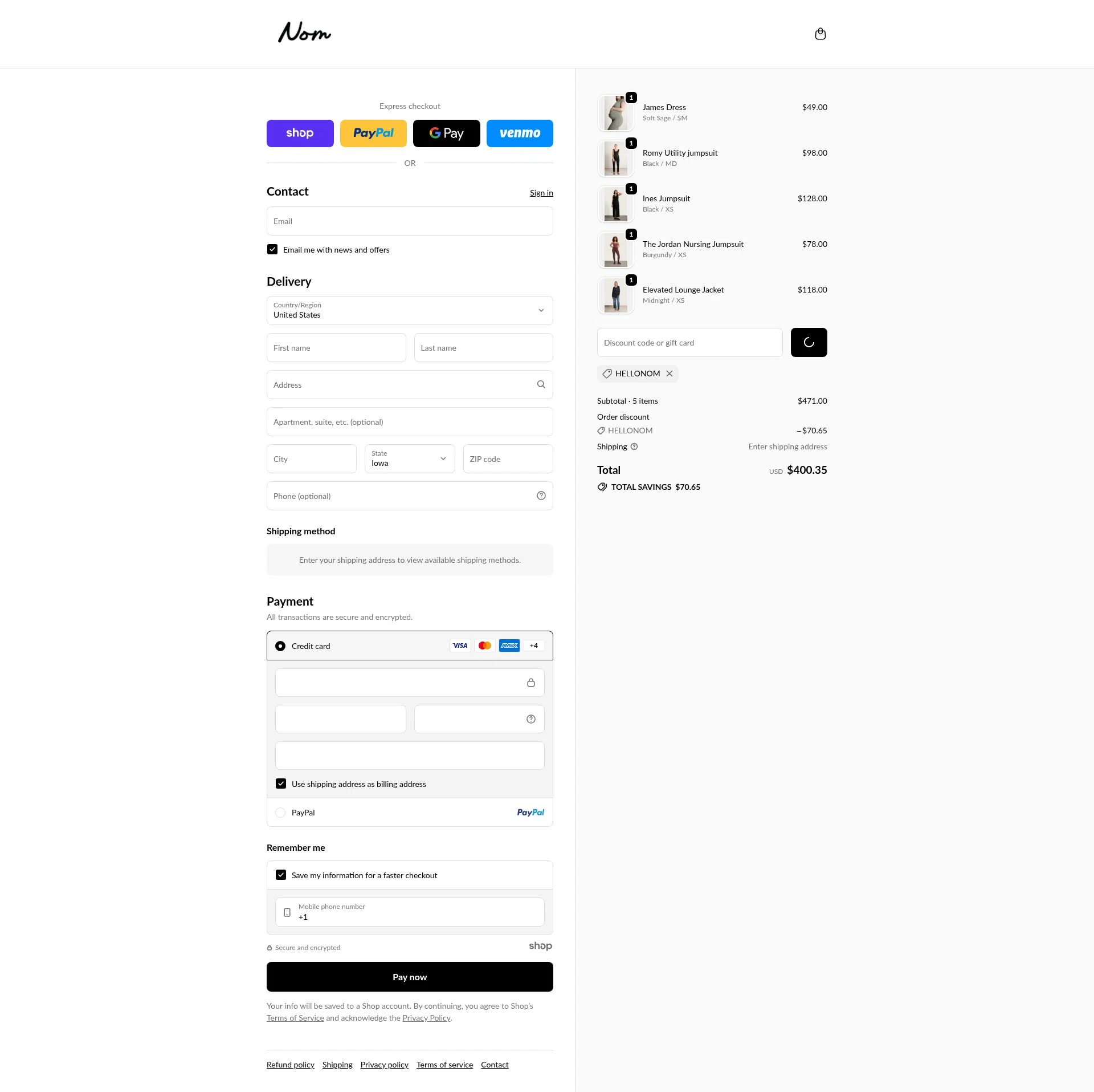 NOM Maternity checkout page showing NOM Maternity coupon code box | Screenshot taken by SimplyCodes community member on Dec 26, 2025