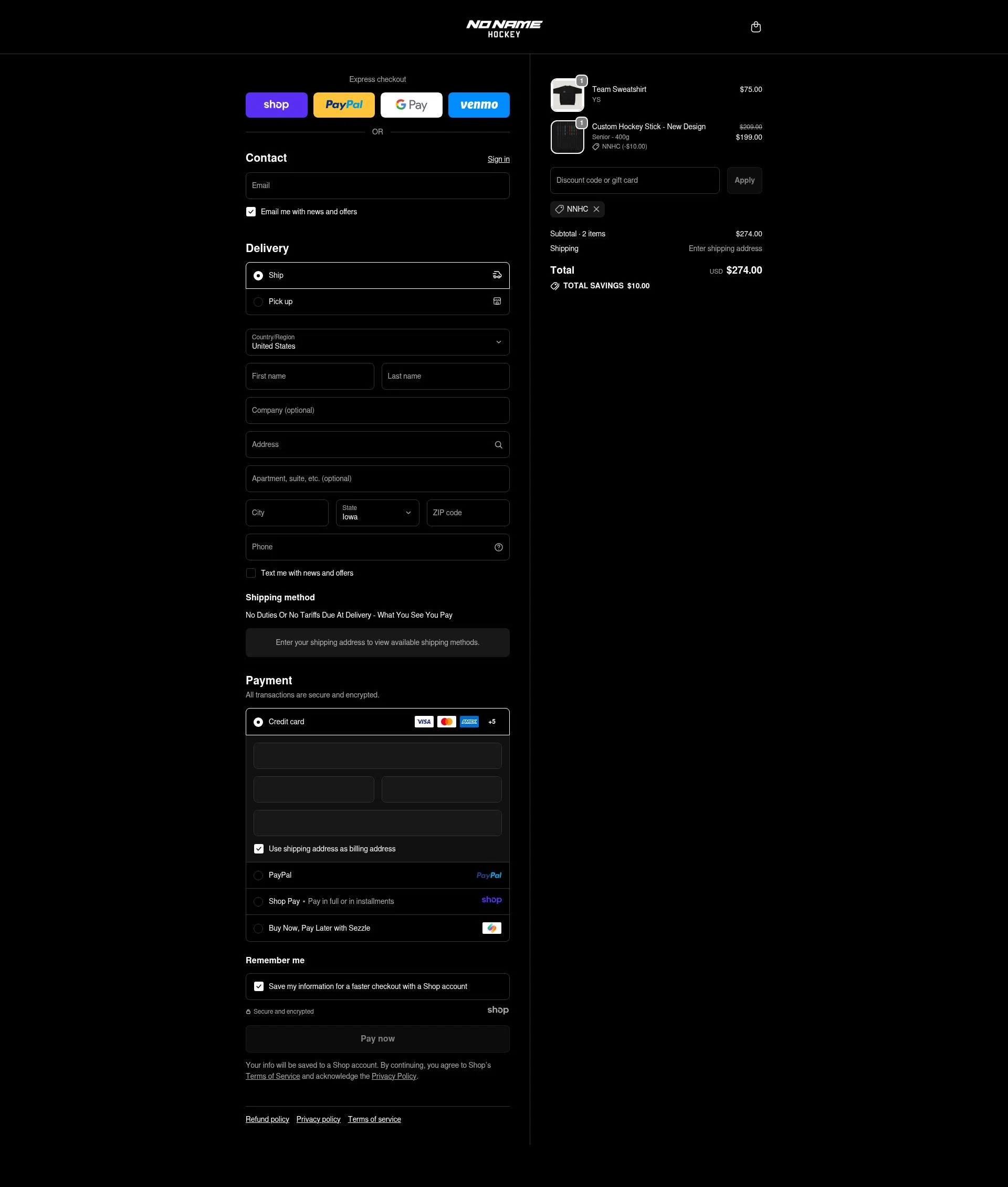 No Name Hockey checkout page showing No Name Hockey promo code box | Screenshot taken by SimplyCodes community member on Nov 12, 2025