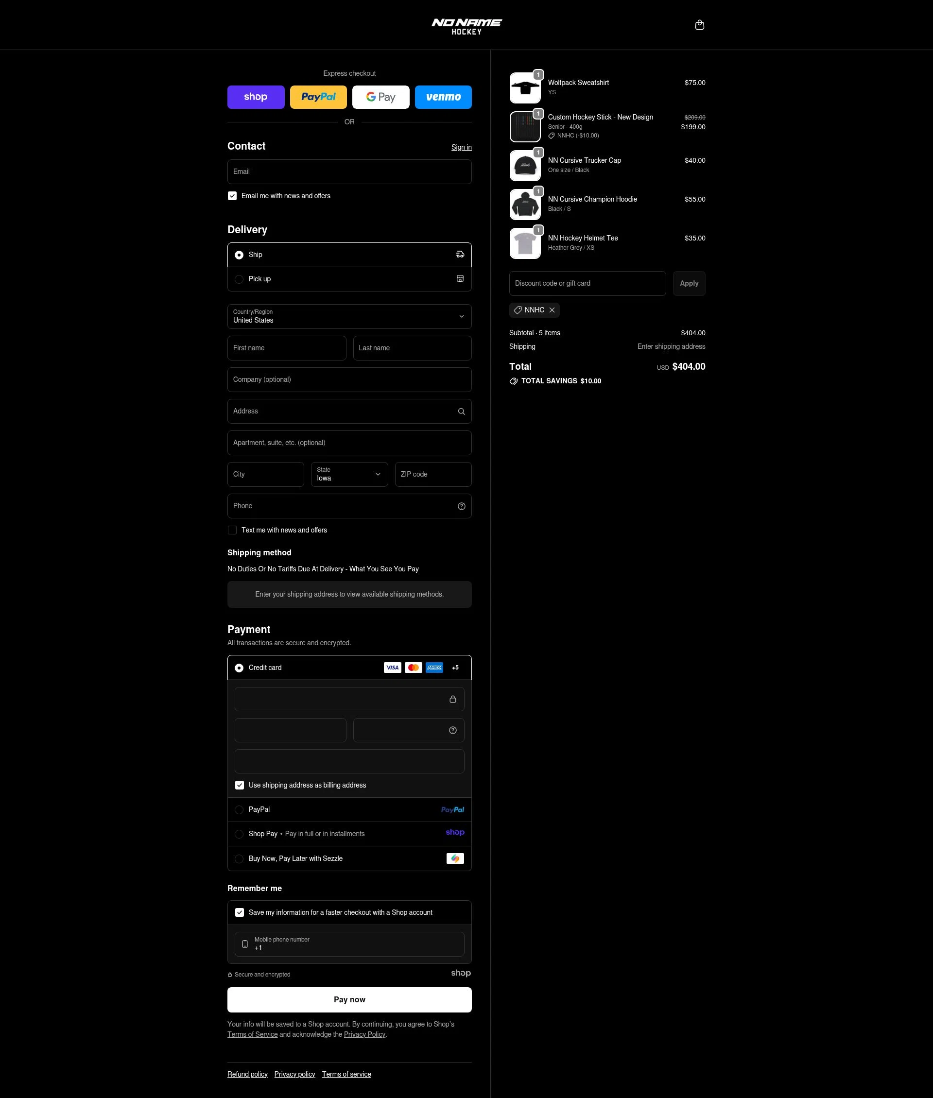 No Name Hockey checkout page showing No Name Hockey promo code box | Screenshot taken by SimplyCodes community member on Nov 22, 2025
