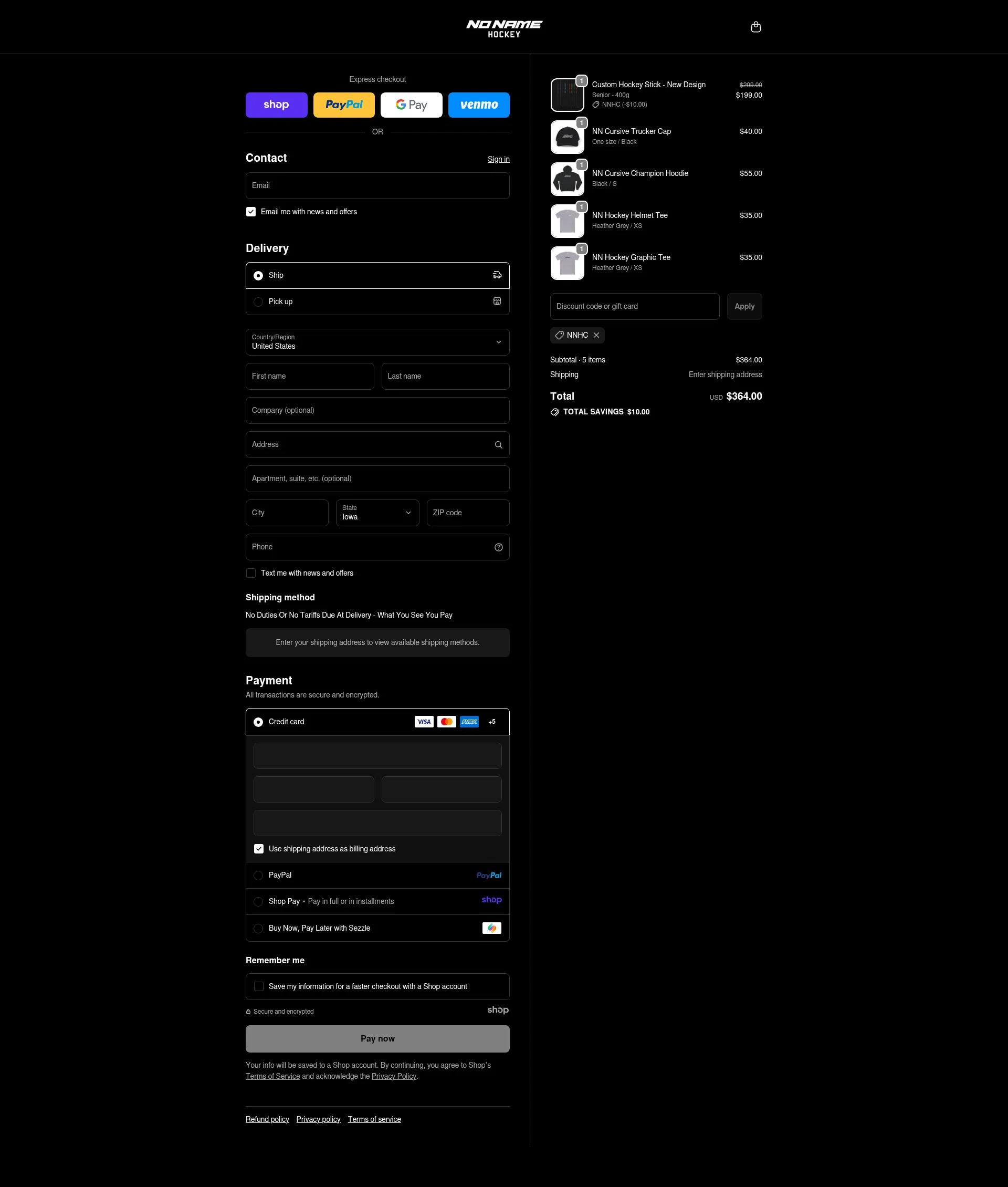 No Name Hockey checkout page showing No Name Hockey promo code box | Screenshot taken by SimplyCodes community member on Dec 8, 2025