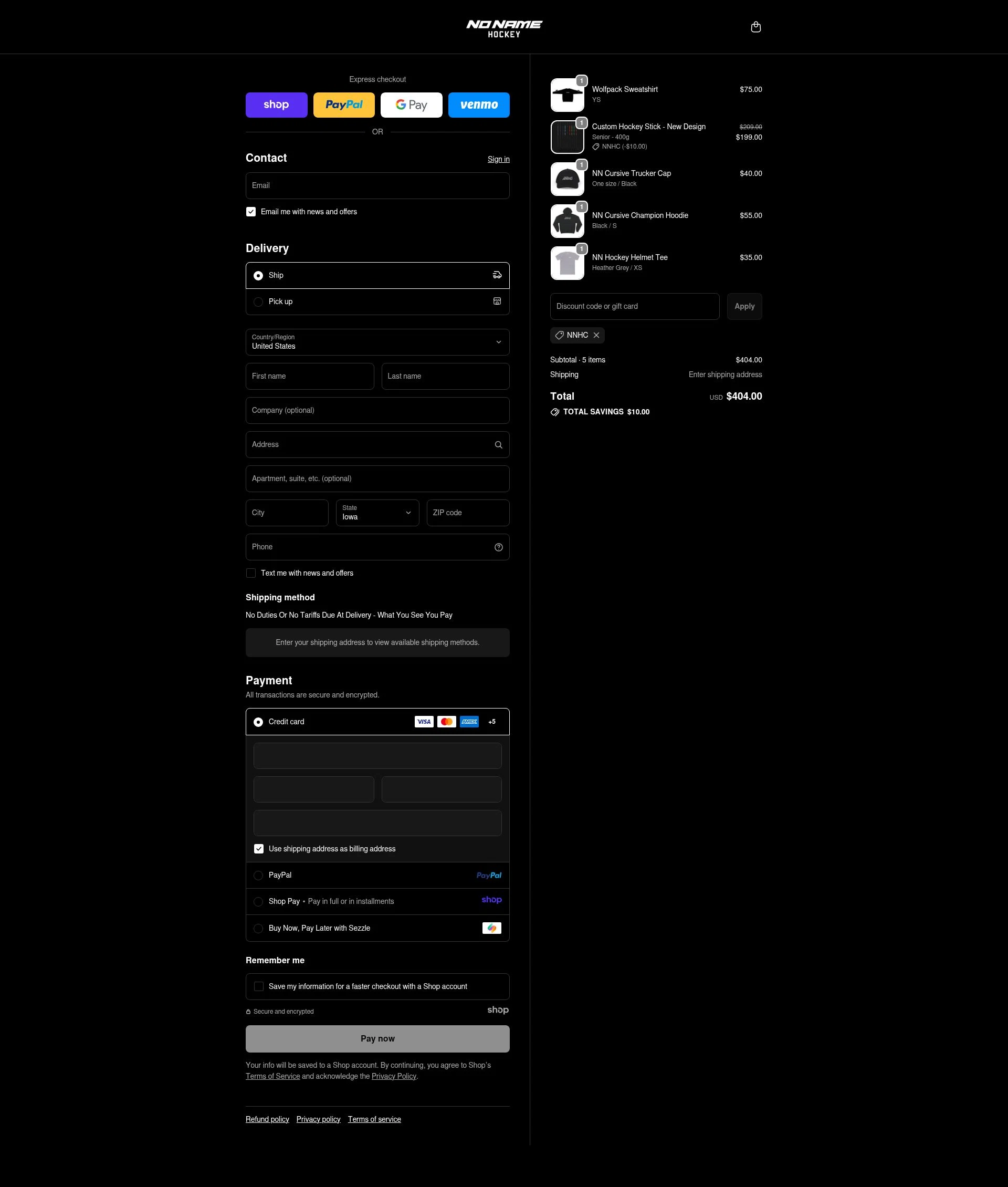 No Name Hockey checkout page showing No Name Hockey promo code box | Screenshot taken by SimplyCodes community member on Dec 3, 2025
