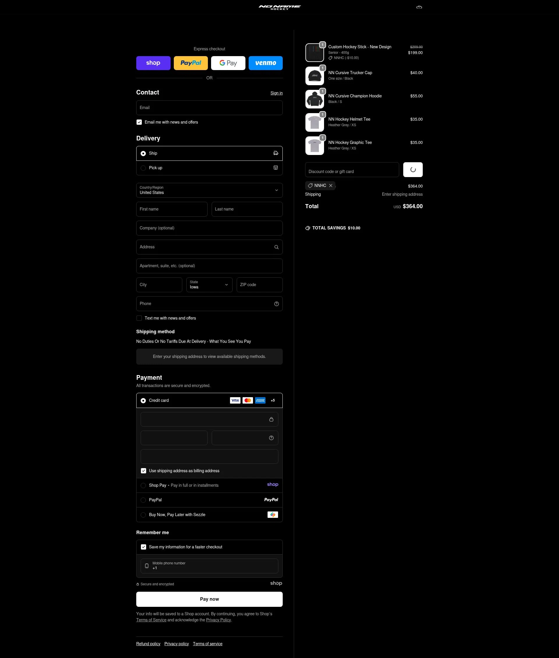 No Name Hockey checkout page showing No Name Hockey promo code box | Screenshot taken by SimplyCodes community member on Dec 31, 2025