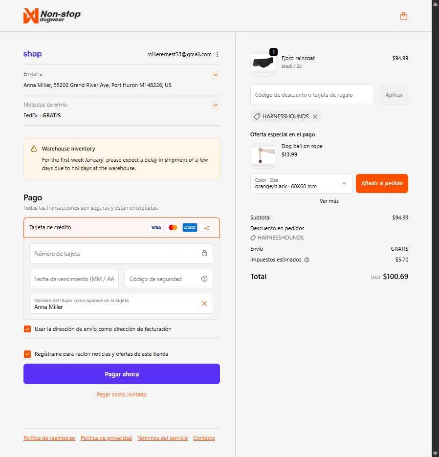 Non-stop dogwear checkout page showing Non-stop dogwear promo code box | Screenshot taken by SimplyCodes community member on Dec 29, 2025