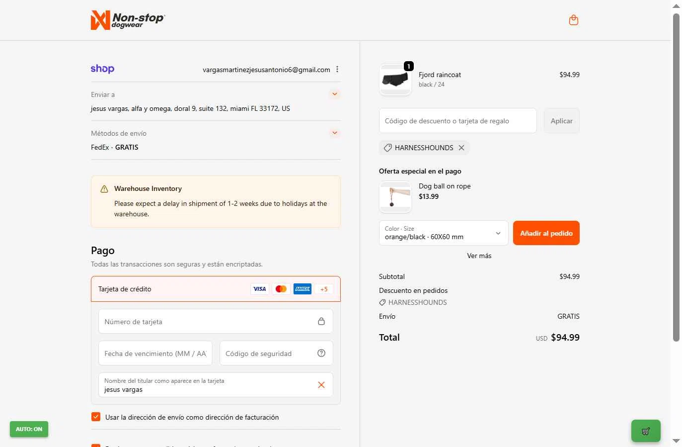Non-stop dogwear checkout page showing Non-stop dogwear promo code box | Screenshot taken by SimplyCodes community member on Jan 16, 2026
