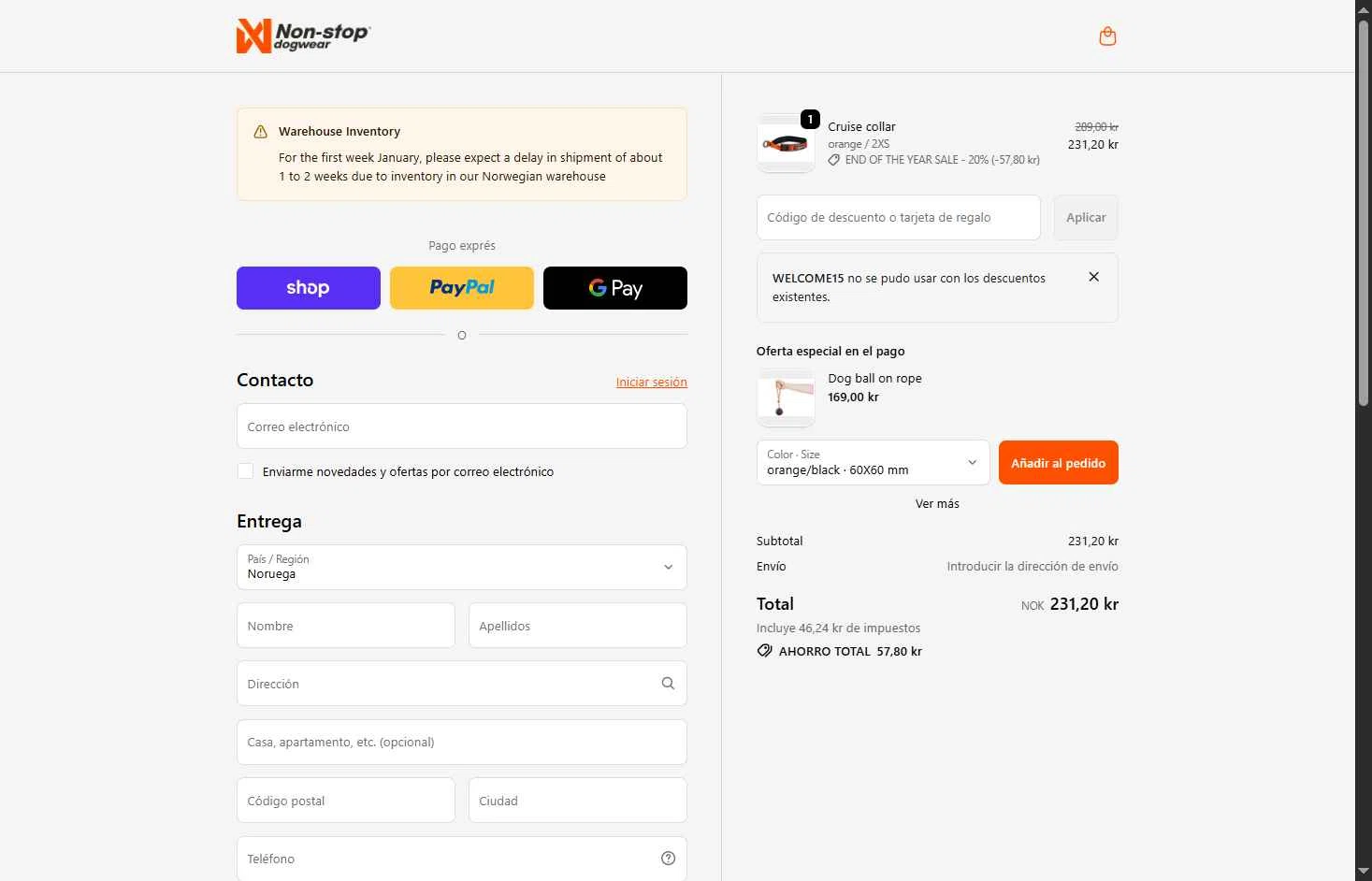 Non-stop dogwear checkout page showing Non-stop dogwear promo code box | Screenshot taken by SimplyCodes community member on Dec 31, 2025