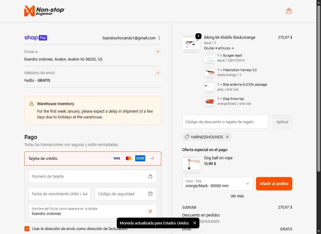 Non-stop dogwear checkout page showing Non-stop dogwear promo code box | Screenshot taken by SimplyCodes community member on Jan 9, 2026