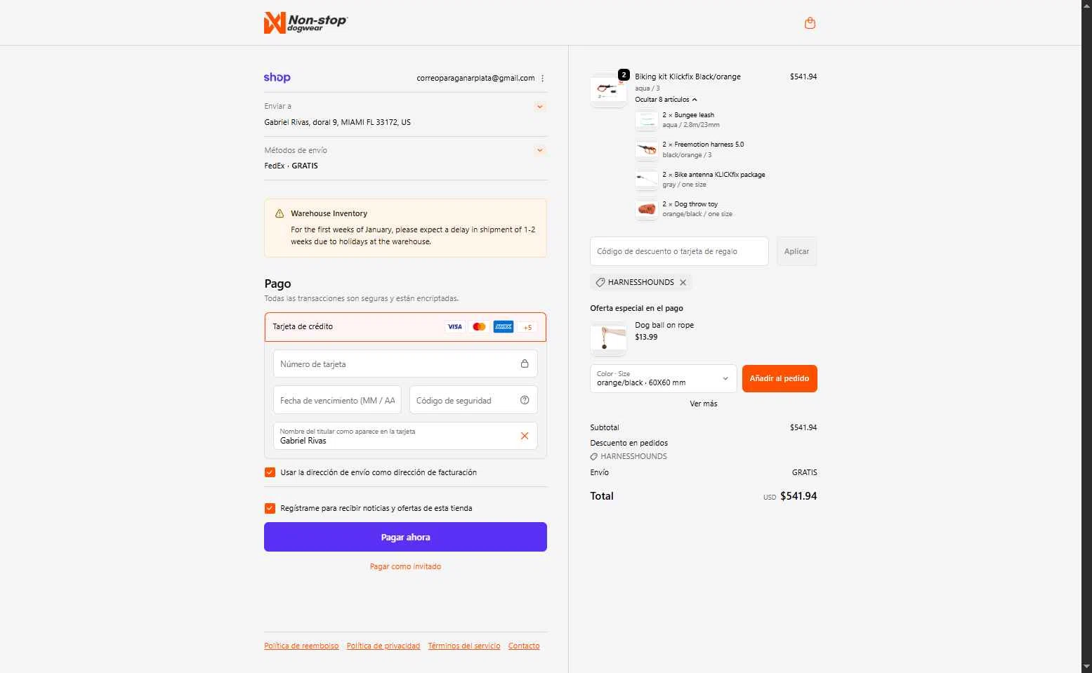 Non-stop dogwear checkout page showing Non-stop dogwear promo code box | Screenshot taken by SimplyCodes community member on Jan 13, 2026