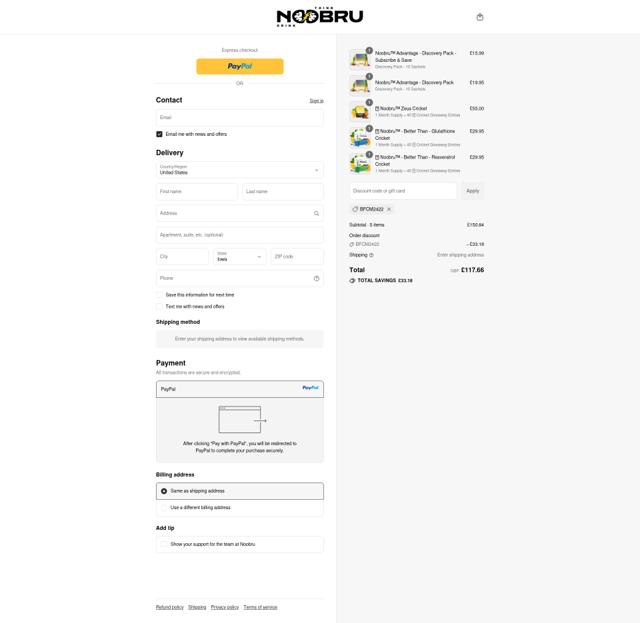 Noobru checkout page showing Noobru discount code box | Screenshot taken by SimplyCodes community member on Sep 15, 2025