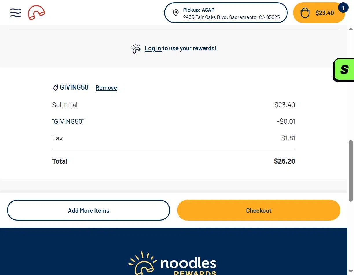 Noodles & Company checkout page showing Noodles & Company coupon code box | Screenshot taken by SimplyCodes community member on Oct 21, 2025